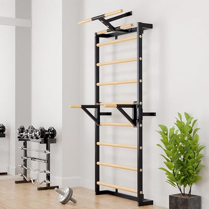 Swedish Ladder, Wood Stall Bars Suspension Trainer with Pull-Up Bar & Rings for Straps, Swedish ladders Wall Gym Adult, Wall-Mounted Workout Ladder for Home, Gym, School