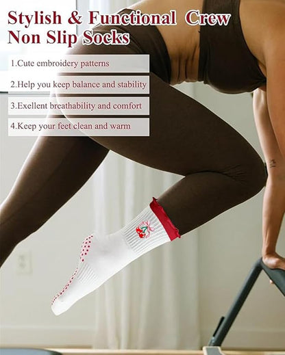 DADAB Cute Pilates Grip Socks for Women – Yoga Grippy Non Slip Barre Sticky Crew Socks for Workout, Hospital Use