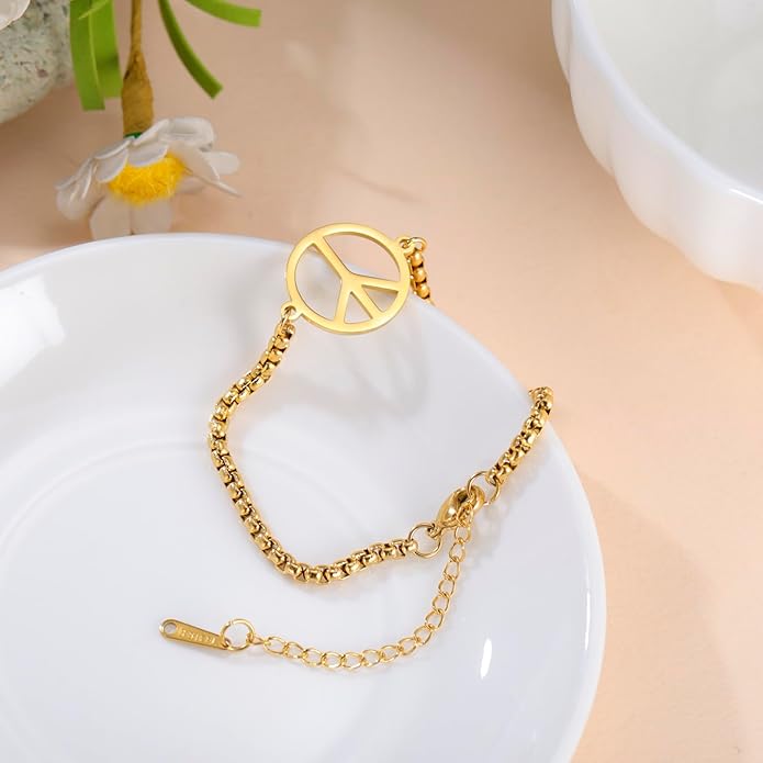 LIKGREAT Adjustable World Peace Symbol Bracelet for Women Stainless Steel Pendant Box Chain 1970s Jewelry