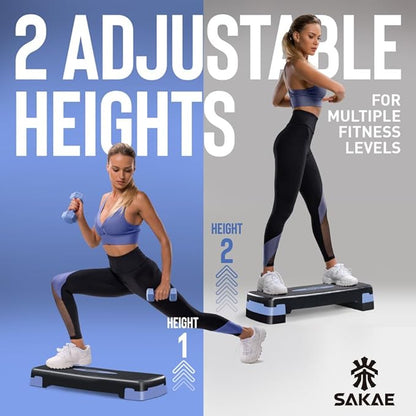 SAKAE Aerobic Step Platform Set with Waist Trimmer & Measuring Tape, Exercise Steppers for Home Exercise Fitness, Adjustable Height 2 Level Risers Workout Step Platform Trainer, Multiple Colors