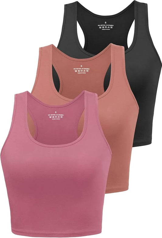 Porvike Sports Crop Tank Tops for Women Cropped Workout Tops Racerback Running Yoga Tanks Cotton Sleeveless Gym Shirts 3 Pack