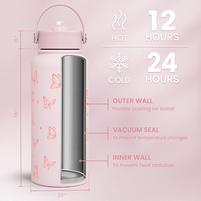 SANDJEST Butterfly Water Bottle Insulated Vacuum Stainless Steel 32oz with Lid, Gifts for Women Girls Teens Birthday Christmas