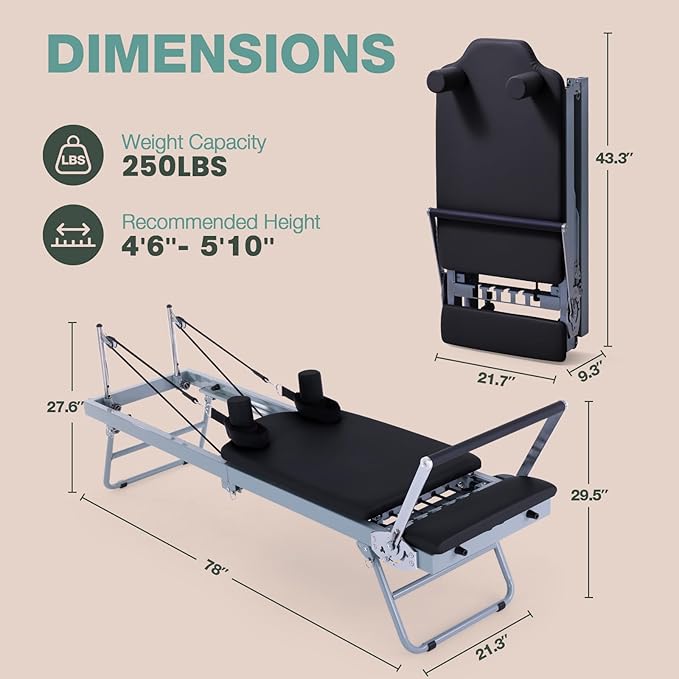 ARKANTOS Pilates Reformer Machine Foldable, Reformer Pilates Equipment for Gym Workout and Home Use, Suitable for Intermediate and Beginners Users