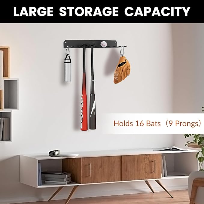 Wall Mount Baseball Bat Rack, Hold 16 Bats, Home Gym Sports Equipment Organizer Hanger, Olympic Barbells Holder, Heavy Duty Hooks for Hangs Bats,Gloves,Hats,Bags,Balls,Row Handles or Tools, Black