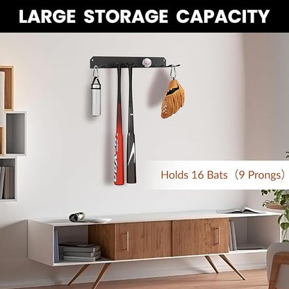 Wall Mount Baseball Bat Rack, Hold 16 Bats, Home Gym Sports Equipment Organizer Hanger, Olympic Barbells Holder, Heavy Duty Hooks for Hangs Bats,Gloves,Hats,Bags,Balls,Row Handles or Tools, Black
