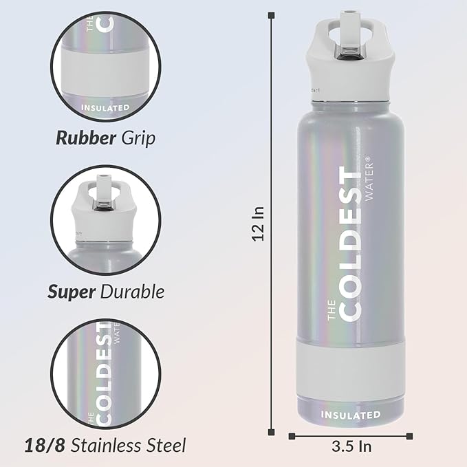 Coldest Insulated Water Bottle with Straw Lid - Stainless Steel Metal Insulated Bottle for Men & Women (Supernova Silver Glitter, 40 oz)