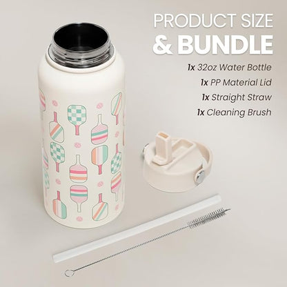SANDJEST Pickleball Water Bottle 32oz Stainless Steel Insulated Vaccum with Lid, Pickleball Gifts for Pickleball Players, Pickleball Lovers, Women Girls Ladies