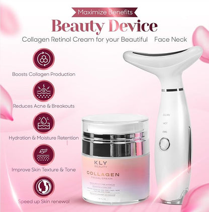 KLY Beauty 7-in-1 Beauty Facial Massager for Face and Neck – Thermal & Vibrating Facial Tool for Wrinkle Reduction, Skin Firming, Skin Lifting and Skin toning| With Retinol Collagen Creme