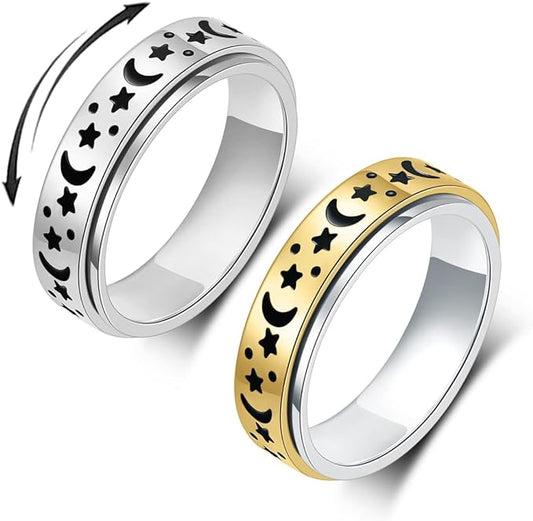 OreilleStar Anxiety Ring for Women Fidget Ring Stainless Steel Fidget Toys Adults Spinner Ring Silver Moon Star Fidgit Band Ring