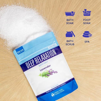 Deep Relaxation Bath Salt 32 Ounces Epsom Salt with Natural Lavender Essential Oil Plus Vitamin C in BPA Free Pouch with Easy Press-Lock Seal