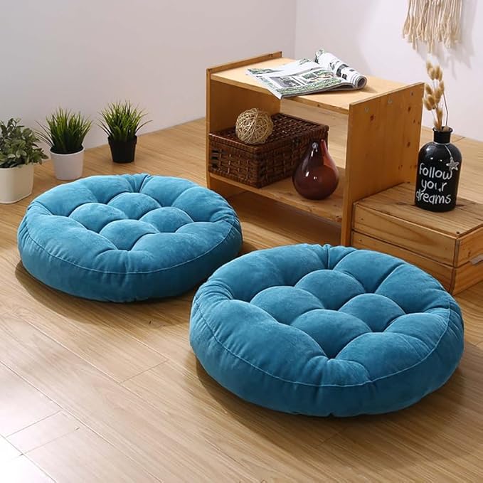 Meditation Floor Pillow Set of 2 Large Round Floor Cushions for Adults Tufted Corduroy Floor Seat Pillows Cushion for Living Room,Sky Blue 16.5" Lx16.5 Wx3 H
