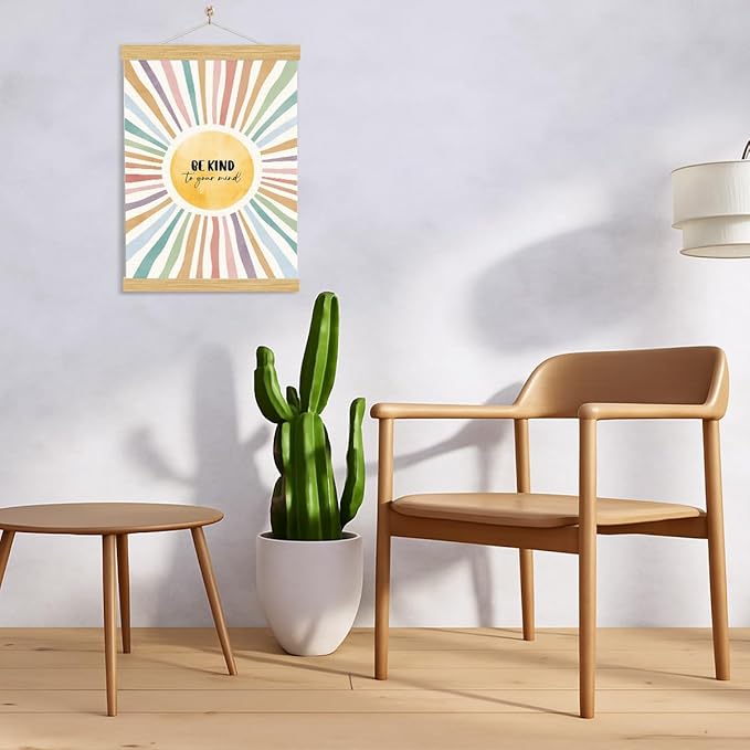 YGSDZY Be Kind To Your Mind Sign, Mental Health Poster, Wood Poster Hanger, Sun Playroom Posters, Therapy Office Decor, Boho Sun Decor, School Psychologist Signs, Classroom Decoration