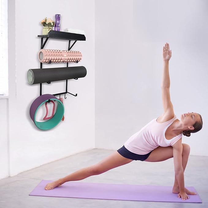Yoga Mat Holder Wall Mount,17" x 28" Yoga Mat Rack Home Gym Accessories, Storage for Foam Roller, with Wood Floating Shelves for Hanging Yoga Strap and Resistance Bands