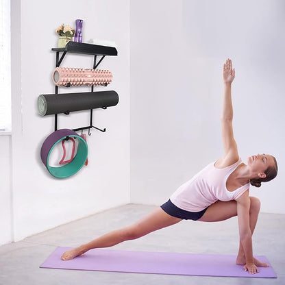 Yoga Mat Holder Wall Mount,17" x 28" Yoga Mat Rack Home Gym Accessories, Storage for Foam Roller, with Wood Floating Shelves for Hanging Yoga Strap and Resistance Bands