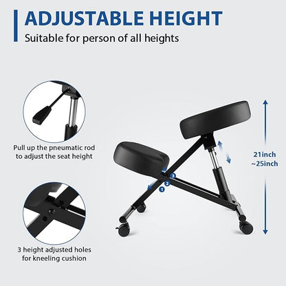 Ergonomic Kneeling Chair, Meditation Chair with Height Adjustable and Cushion for Home and Office, Posture Office Stool with an Angled Seat and Casters