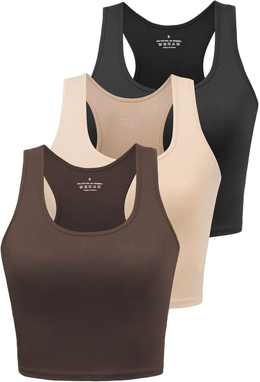 Porvike Sports Crop Tank Tops for Women Cropped Workout Tops Racerback Running Yoga Tanks Cotton Sleeveless Gym Shirts 3 Pack