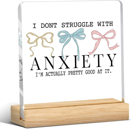 Mental Health Decor, Motivational Gifts for Women Men, Mental Health Anxiety Decor, Coquette Bows Self Love Inspirational Acrylic sign with Wooden office Accessories Bedroom Dorm Apartment Decoration