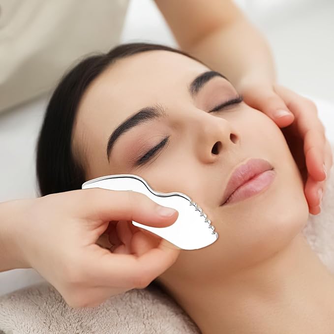 Molain Stainless Steel Gua Sha Facial Tools, Metal Detail Gua Sha Stone Face Comb Body Lymphatic Drainage Massager Face Guasha Face Sculpting Tool Skin Care with Travel Pouch(Pack of 1)