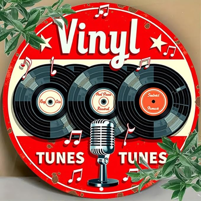 1pc Vintage Aluminum Metal Sign - Vinyl Tunes Round Wall Art - Classic Records & Retro Microphone Design - Ideal for Bar, Cafe, Music Room Decor - 7.8" Diameter