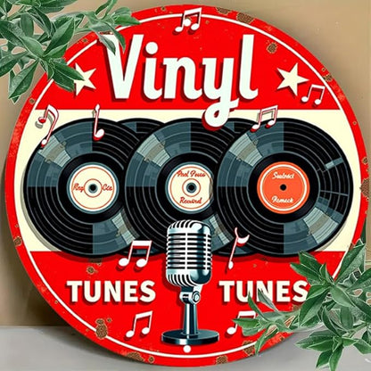 1pc Vintage Aluminum Metal Sign - Vinyl Tunes Round Wall Art - Classic Records & Retro Microphone Design - Ideal for Bar, Cafe, Music Room Decor - 7.8" Diameter