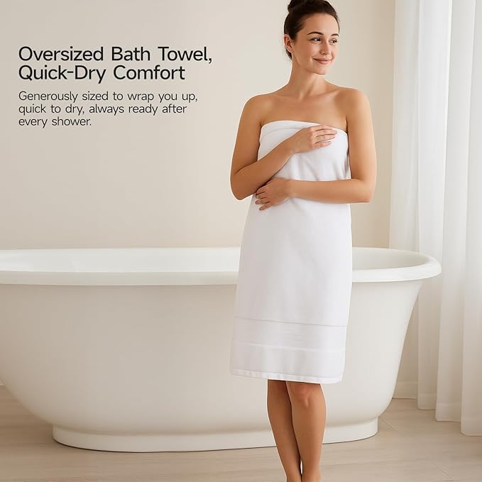 REDKISS 100% Cotton Bath Towels Set of 4, Extra Large Bath Sheets 27 X 59 Inches, 600 GSM, Quick Dry, Ultra Soft & Super Absorbent Bathroom Towel Sets for Bathroom, Gym, Spa, Pool & Hotel, White