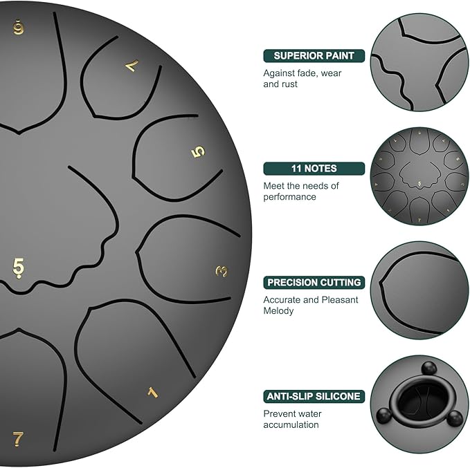 Rain Drum for Outside Garden, 8 Inches 11 Notes Steel Tongue Chakra Drum, Waterproof Meditation Rain Chime, Musical Instruments for Adult Gift with Bag, Music Book, Mallets (Black)