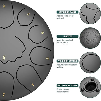 Rain Drum for Outside Garden, 8 Inches 11 Notes Steel Tongue Chakra Drum, Waterproof Meditation Rain Chime, Musical Instruments for Adult Gift with Bag, Music Book, Mallets (Black)