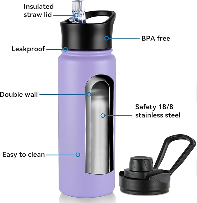 24oz Insulated Water Bottle with Straw Lid, Stainless Steel Metal Water Bottle with Straw & Wide Mouth Lid, Double Wall Vacuum Water Bottle for Hiking Camping, Lavender 4 Pack