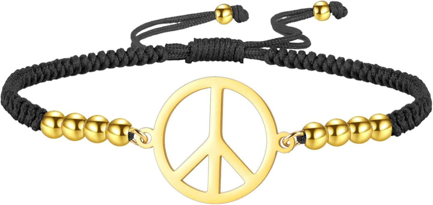LIKGREAT Peace Sign Pendant Bracelet for Women Peace Symbol Adjustable Handmade Braided Wax Cords Beaded Bracelet