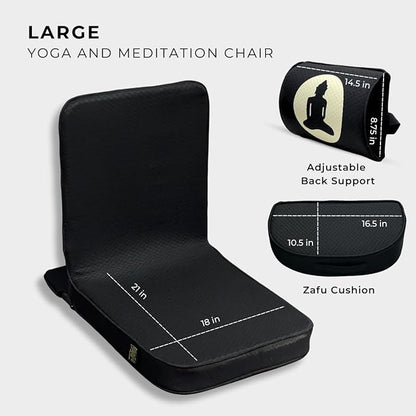 Friends Of Meditation Relaxing Buddha Meditation Chair | Detachable Rectangular Back Support & Zafu Cushion | Portable Folding Chair | with Back Support | Yoga Chairs for Adults | Black