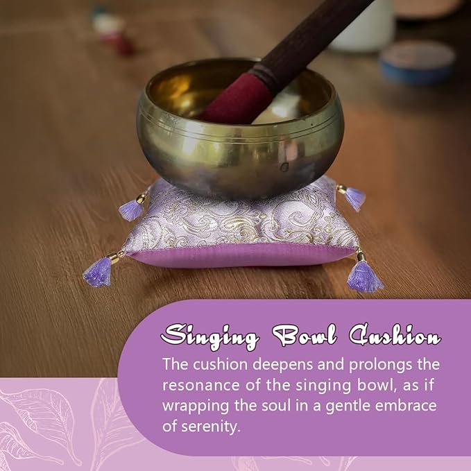 Singing Bowl Cushion for Tibetan Singing Bowls, Handmade Silk Brocade Square Cushion Pillow for Sound Healing and Crystal Sound Bowls Accessories(Lavender,5 Inch)
