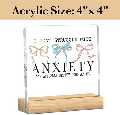 Mental Health Decor, Motivational Gifts for Women Men, Mental Health Anxiety Decor, Coquette Bows Self Love Inspirational Acrylic sign with Wooden office Accessories Bedroom Dorm Apartment Decoration