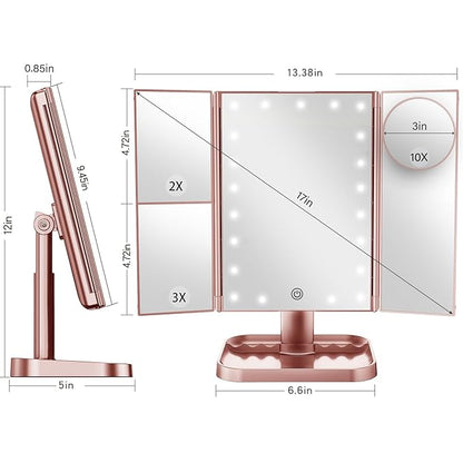 HUONUL Makeup Mirror, 10X 3X 2X Magnification, Lighted Makeup Mirror, Touch Control, Dual Power Supply, Portable LED Mirror, Women Gift (Rose Gold)