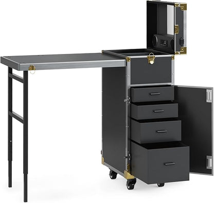 Icoget Portable Rolling Manicure Table for Nail Teach, Foldable Traveling Nail Desk w/Storage, Mobile Nail Table w/Audio and Mirror, Makeup Train Case Cosmetic Trolley, Black