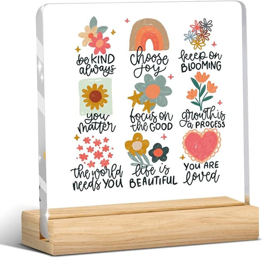 Mental Health Decor, Motivational Gifts for Women Men, Self Love Inspirational Boho Acrylic sign with Wooden office Accessories Bedroom Dorm Apartment Decoration-Positive doodle floral