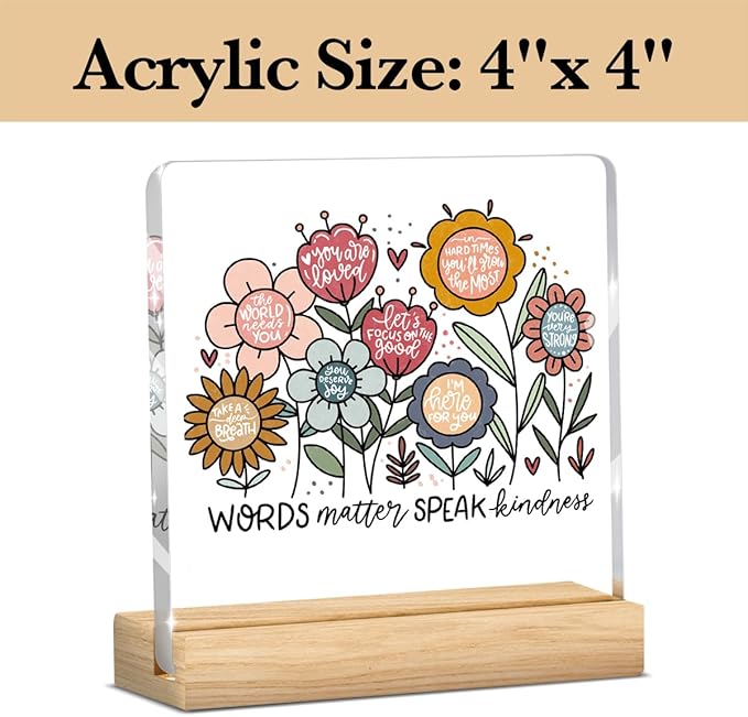 Mental Health Decor, Motivational Gifts for Women Men, Boho Floral Inspirational Acrylic sign with Wooden office Accessories Bedroom Dorm Apartment Decoration-Words Matter Speak Kindness