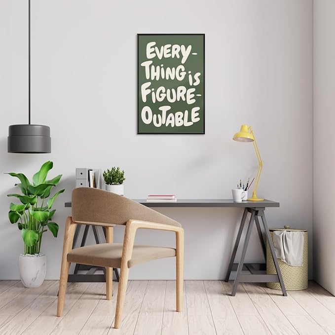 Everything is Figureoutable Motivational Canvas Wall Art Print Uplifting Quote Inspirational Art Poster Green Office Affirmation Wall Decor Minimalist Picture Painting Home Decor 16x24inch black framed