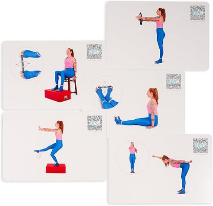 OnlinePilatesClasses Pilates Accessories Flashcards, 79 All-Levels Illustrated Cards Deck Set, Low Impact Home Fitness Workouts Guide with Postures & Routines, Workout Planner with Tips and Videos