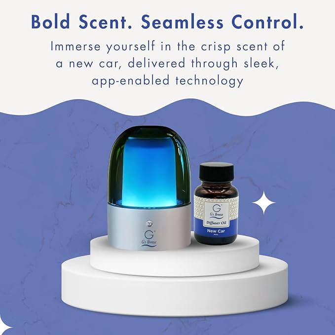 G's Breeze Smart Aroma Diffuser with 60ml New Car Scent Refill - Bluetooth & Wi-Fi App Control - LED Lighting & Adjustable Intensity - Long-Lasting Leather Automotive Fragrance for Home or Office