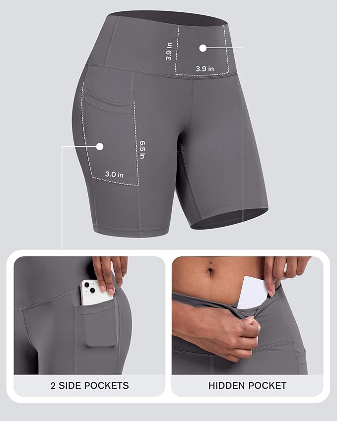 CHRLEISURE Womens Biker Yoga Shorts with Pockets: High Waisted Tummy Control Spandex Workout Athletic Gym Shorts 4 Packs