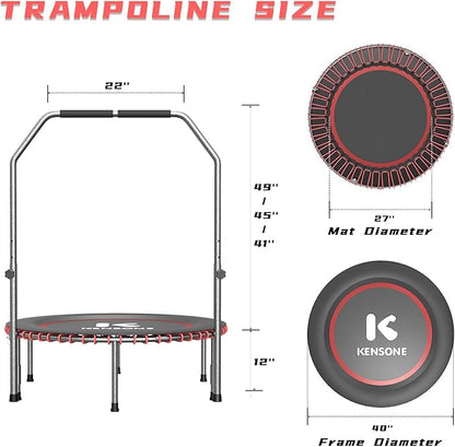 40/48" Low-Impact Rebounder Trampoline for Adults with Bungee, 450/550LBS Quiet Mini Exercise Trampoline with Adjustable U/T-Shaped Foam Handle Bar, Fitness Equipment for Indoor/Gym Workout