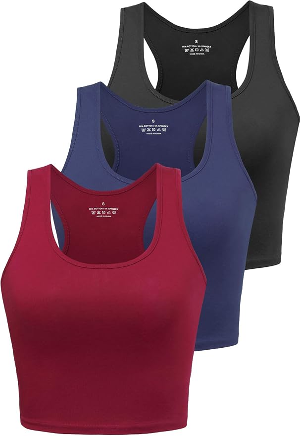Porvike Sports Crop Tank Tops for Women Cropped Workout Tops Racerback Running Yoga Tanks Cotton Sleeveless Gym Shirts 3 Pack