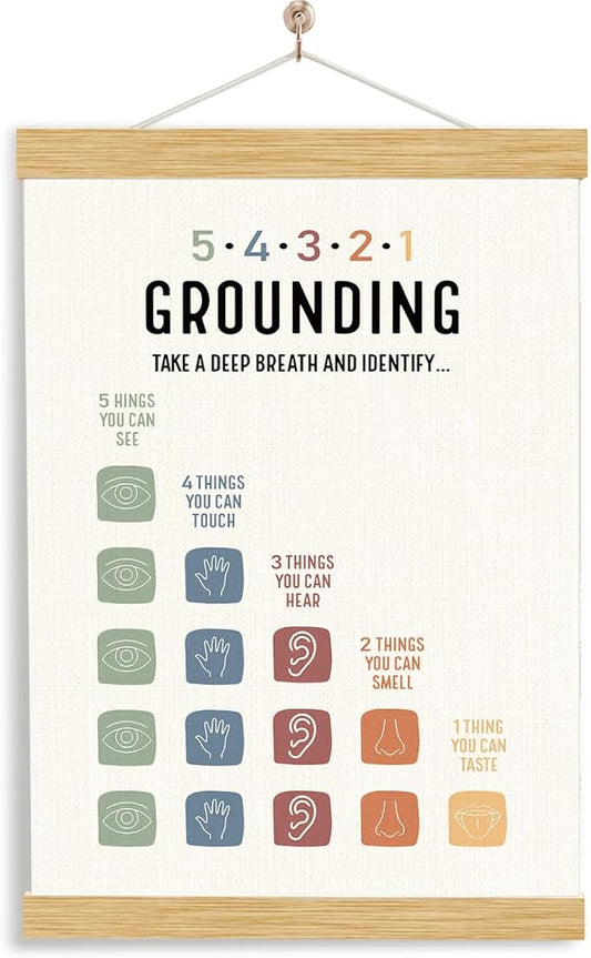YGSDZY Grounding Technique Exercise Poster 54321, Wood Poster Hanger, Therapy Office Decor, School Psychology, Classroom Decor, Mental Health Posters, Therapy Wall Art Decoration