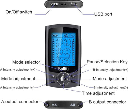 Belifu Dual Channel TENS EMS Unit 24 Modes Muscle Stimulator for Pain Relief Therapy, Electronic Pulse Massager Muscle Massager with 10 Pads, Dust-Proof Drawstring Storage Bag, Fastening Cable Ties