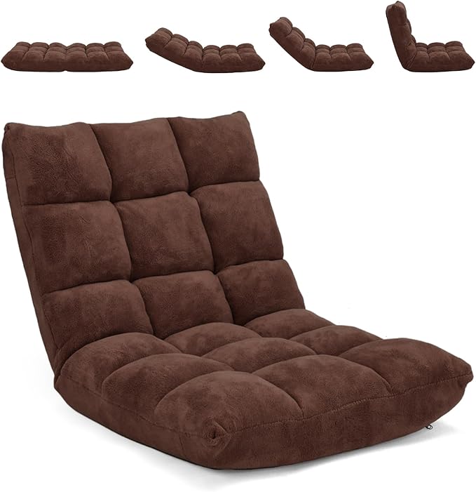 Moccha 14-Position Floor Chair, Folding Sofa Chair with Back Support, Memory Foam Floor Gaming Chairs for Adults, Adjustable Padded Couch Recliner Sleeper Bed for Reading, Meditating, Brown