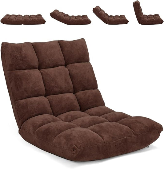 Moccha 14-Position Floor Chair, Folding Sofa Chair with Back Support, Memory Foam Floor Gaming Chairs for Adults, Adjustable Padded Couch Recliner Sleeper Bed for Reading, Meditating, Brown