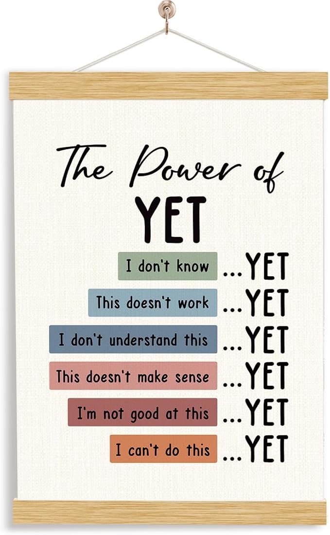 YGSDZY The Power Of Yet Poster, Therapy Office Decor, Wood Poster Hanger, Boho Classroom, Growth Mindset Mental Health Posters, Therapy Wall Art, School Psychology, Classroom Decor