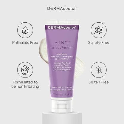 DERMAdoctor Sulfur Acne Treatment - Clay Mask & Acne Spot Treatment | Face Mask Blackhead Remover - Bentonite Clay Detox | Non-Irritating Non-Drying Calming & Soothing with Natural Exfoliants - 2.3 Oz