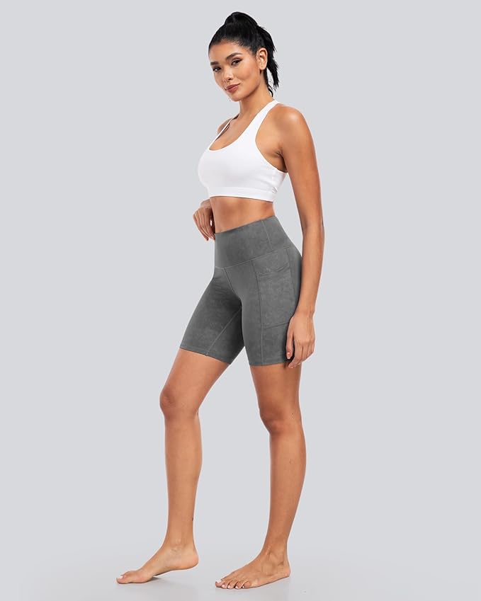 CHRLEISURE Womens Biker Yoga Shorts with Pockets: High Waisted Tummy Control Spandex Workout Athletic Gym Shorts 4 Packs