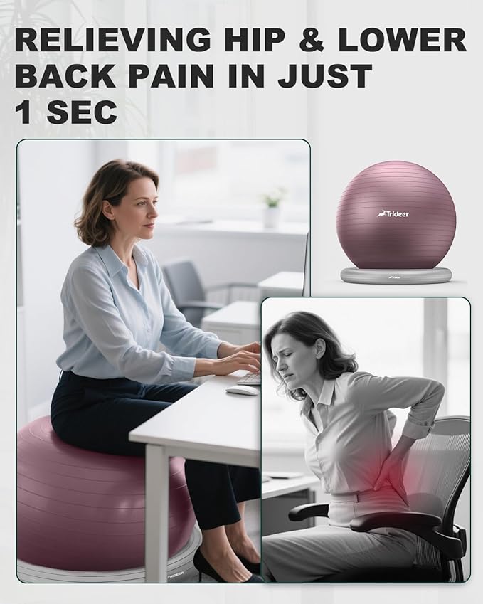 Trideer Exercise Yoga Ball Chair with Base for Home Office Desk, Stability & Fitness Ball Seat to Relieve Back Pain, Home Gym Workout for Abs, Pregnancy Ball with Pump
